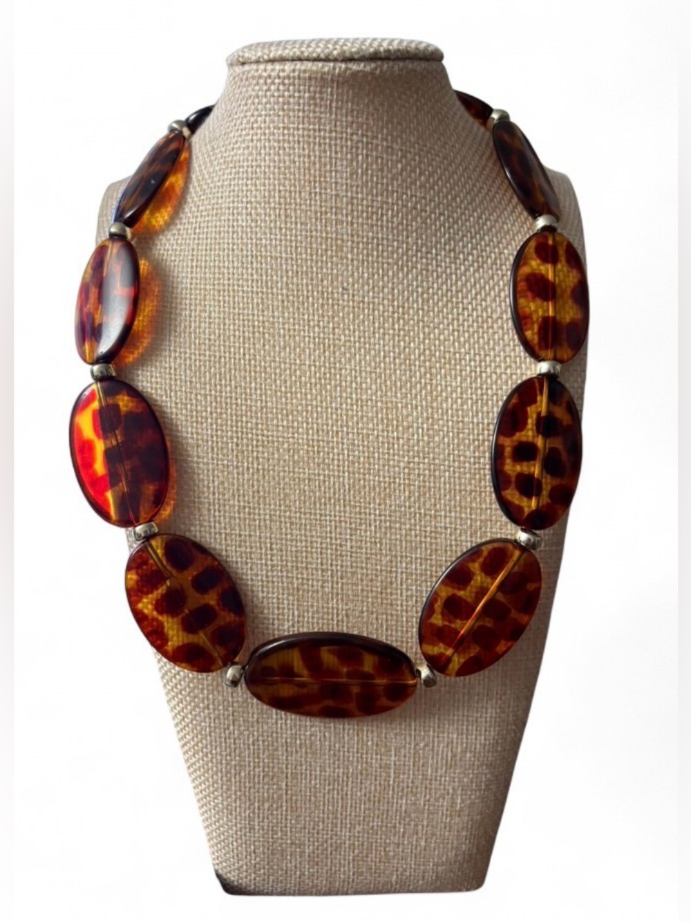 Vtg 90s Chunky Tortoiseshell Acrylic Bead Statement Necklace Magnetic Clasp